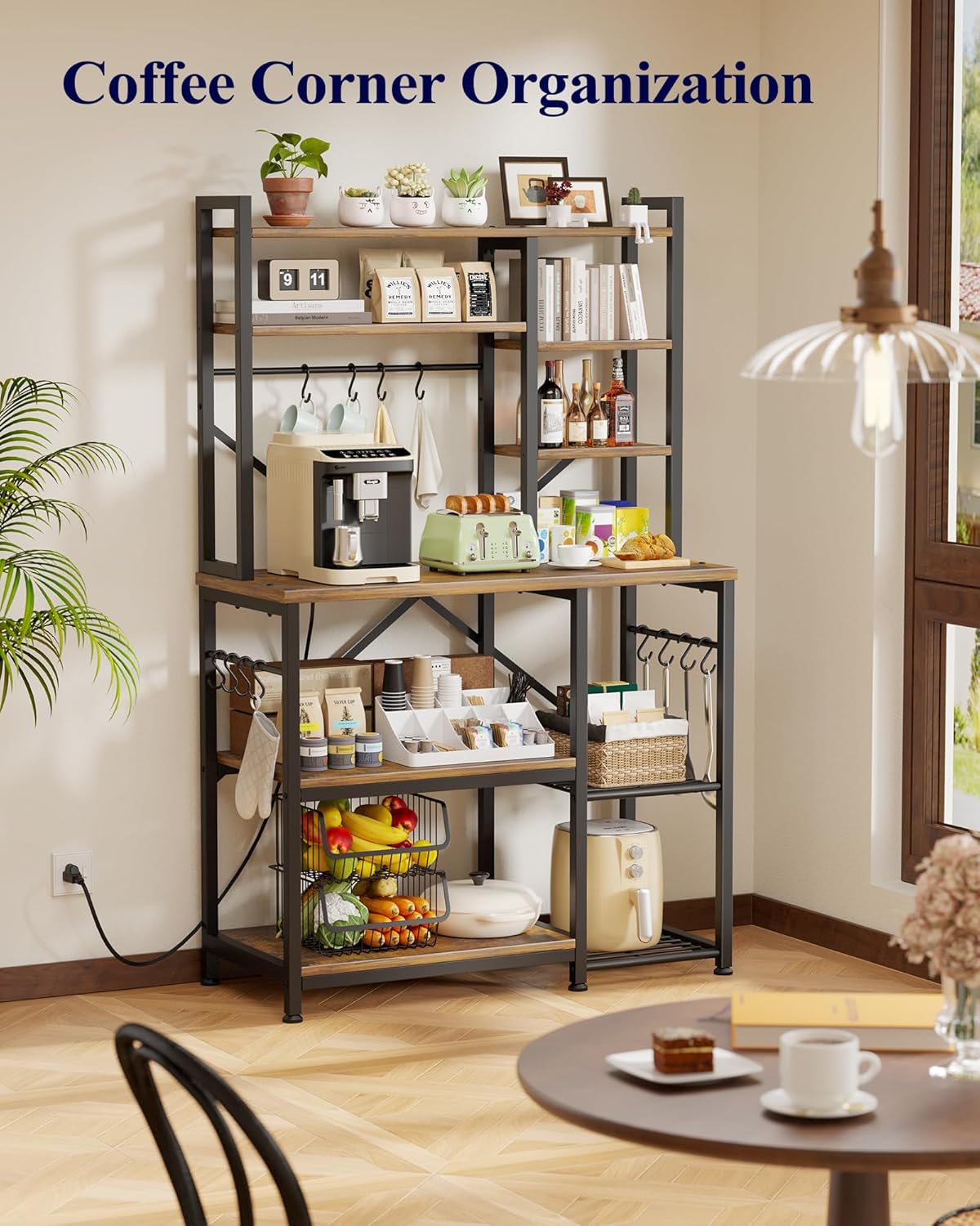 Kitsure Baker's Rack with Power Outlet - Storage Rack with Kitchen Shelves and 12 Hooks, Versatile Coffee Bar and Microwave Stand for Appliances, Pantry, Home Organization,Brown, 38.0" x 15.5" x 67.0"