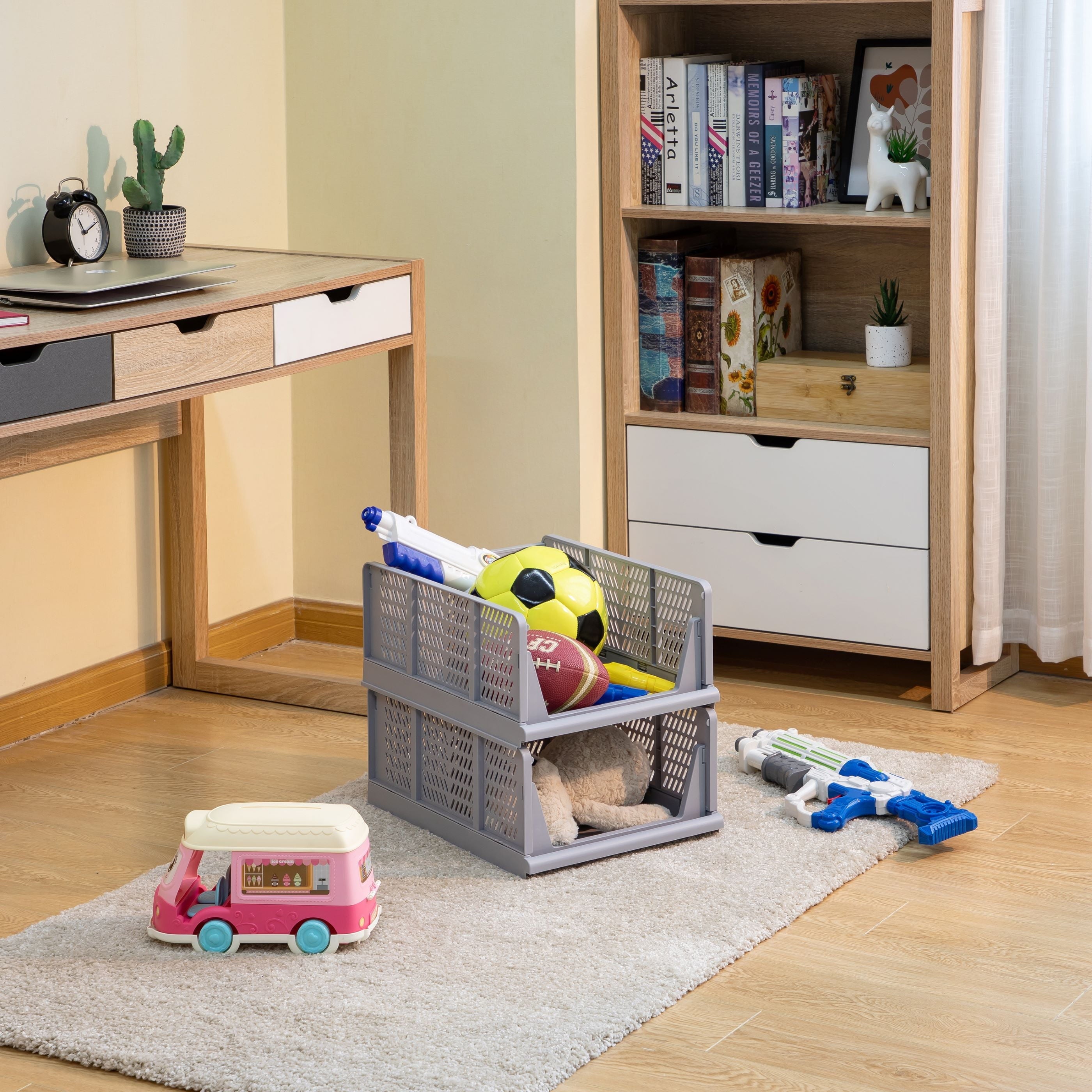 Kids Collapsible Stacking Plastic Storage Bin, Grey, 13 in x 17 in x 1.3 in