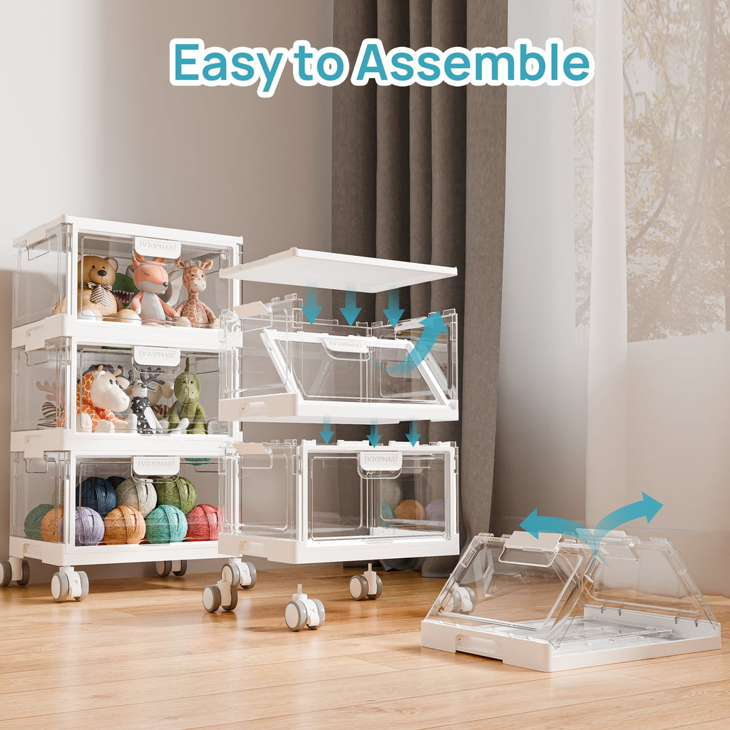 3-Layer Storage Bins, 72Qt Large Storage Containers with Lids, Storage Bins with wheels for Home Office Bedroom, Bathroom, White