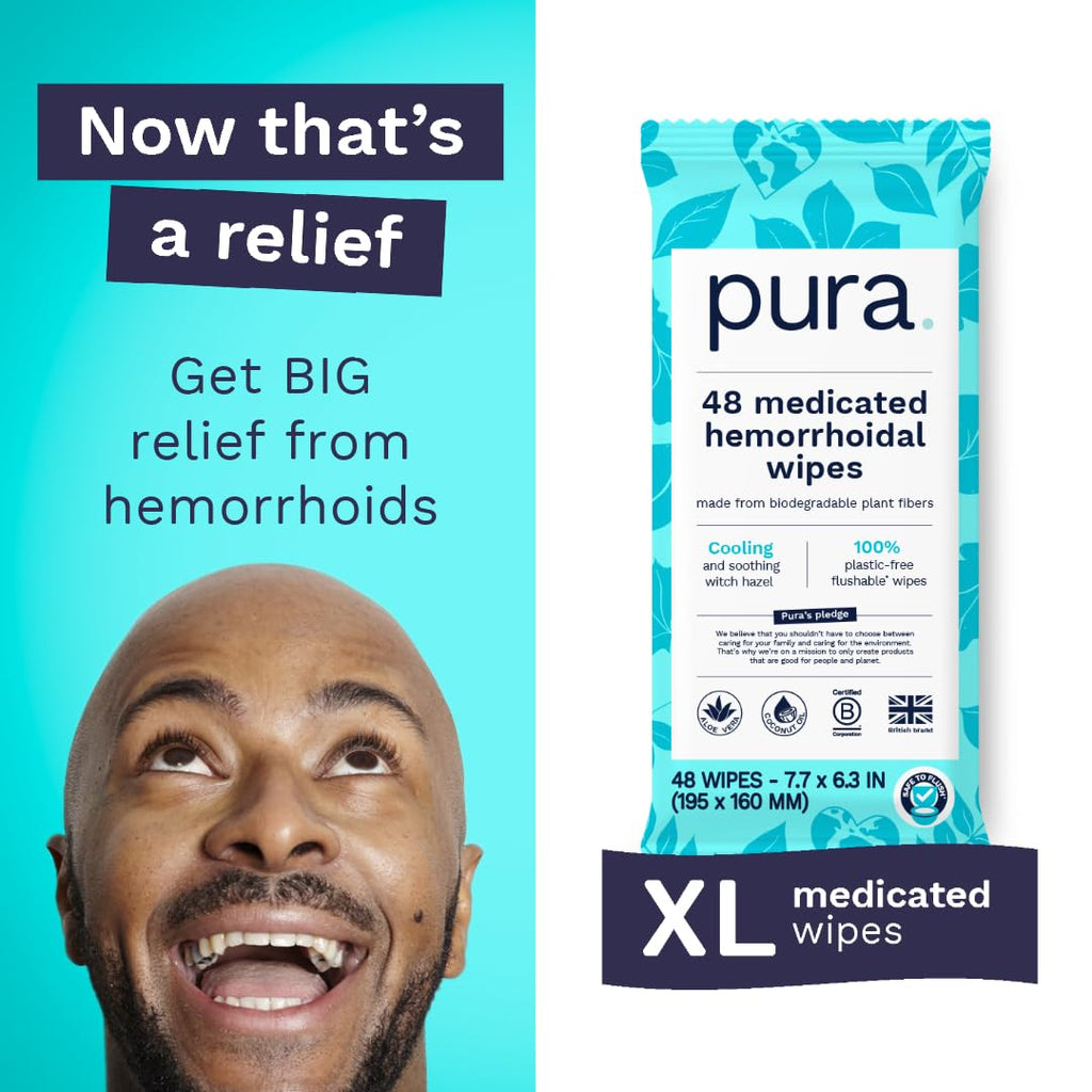 Pura XL Flushable Medicated Wipes for Hemorrhoid Relief, Extra-Large, Fragrance-Free Wet Wipes with Witch Hazel, Coconut Oil & Aloe, Skin Soothing, 96 Wipes (2 Packs)