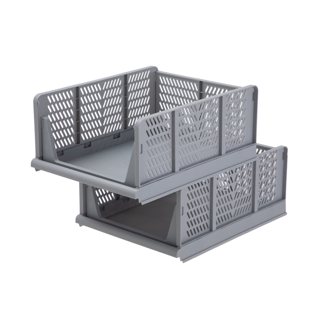 Kids Collapsible Stacking Plastic Storage Bin, Grey, 13 in x 17 in x 1.3 in
