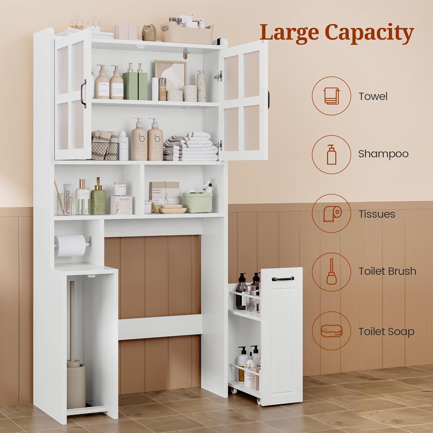 UPOSOJA Over The Toilet Storage Cabinet with Pulley Small Bathroom Storage Cabinet, Space Saver W/Adjustable Shelf & Glass Doors for Bathroom, Restroom, Laundry (Frosted Mirror-Type B)