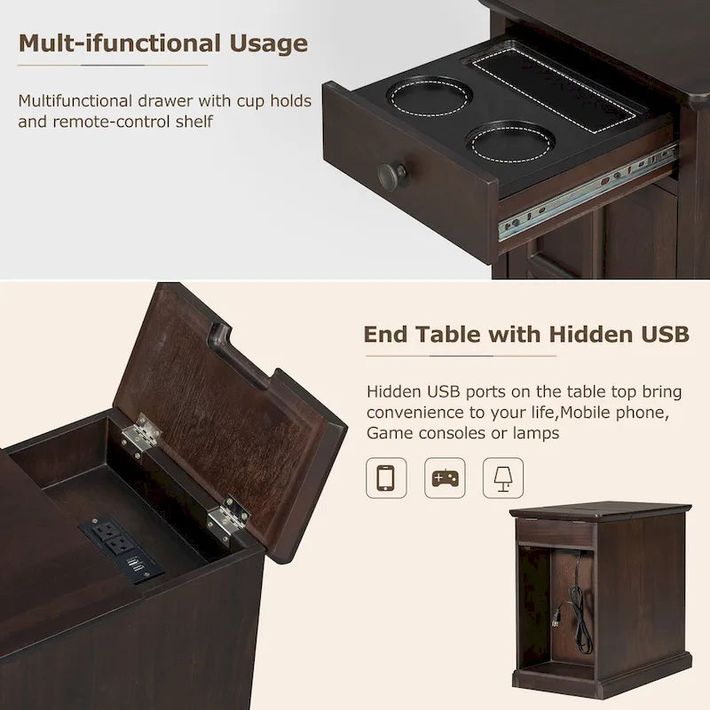 Classic Vintage End Table Side Table with USB Ports and 1 Multifunctional Drawer with Cup Holders