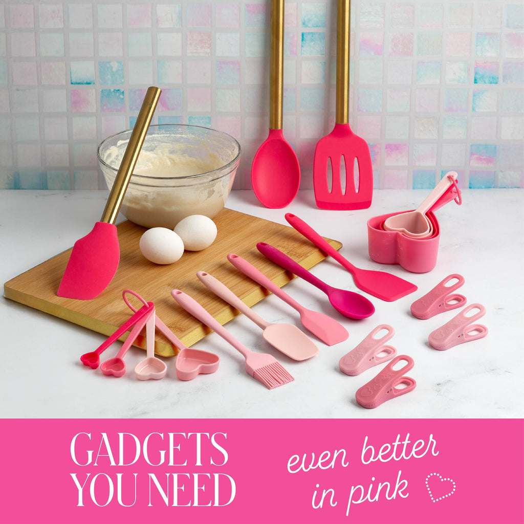 20-Piece Kitchen Gadget Set, Heart-Shaped Measuring Cups & Spoons, Silicone Tools & Bag Clips, , Pink