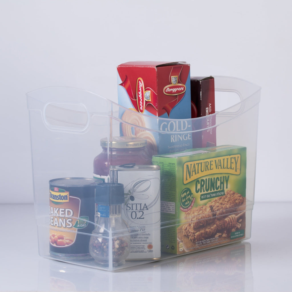 12 Qt Clear Plastic Storage Bin Organizer with Carrying Handles, Narrow Rectangular Utility Container for Pantry, Closet, Cabinet and Shelf Storage