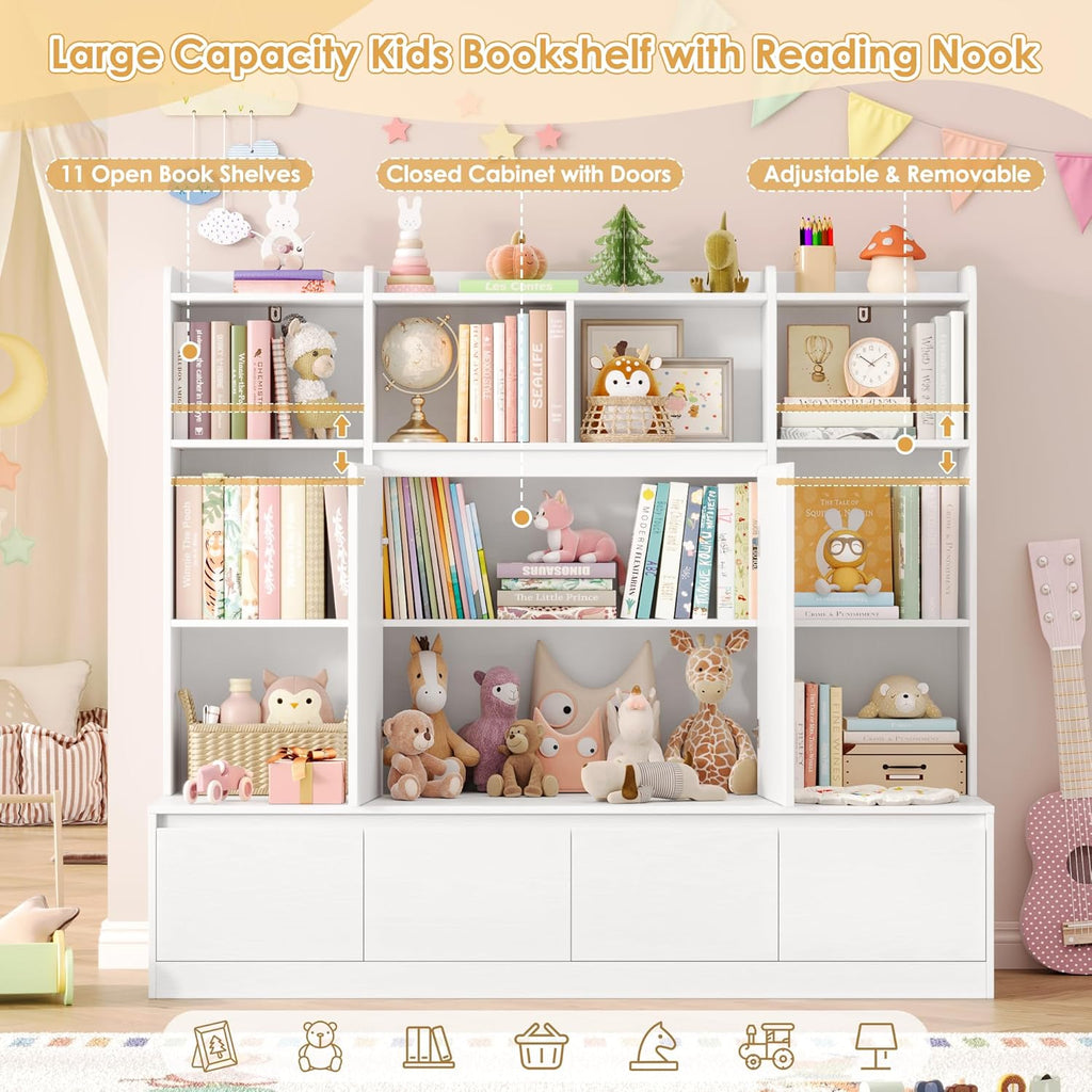 HIFIT 4-In-1 Kids Bookshelf and Toy Storage Organizer with Bench, 10-Cube Kids Bookcase with Reading Nook & 4 Sliding-Drawers & 2 Doors, Toy Chest Storage Cabinet for Playroom, Nursery,Classroom,White