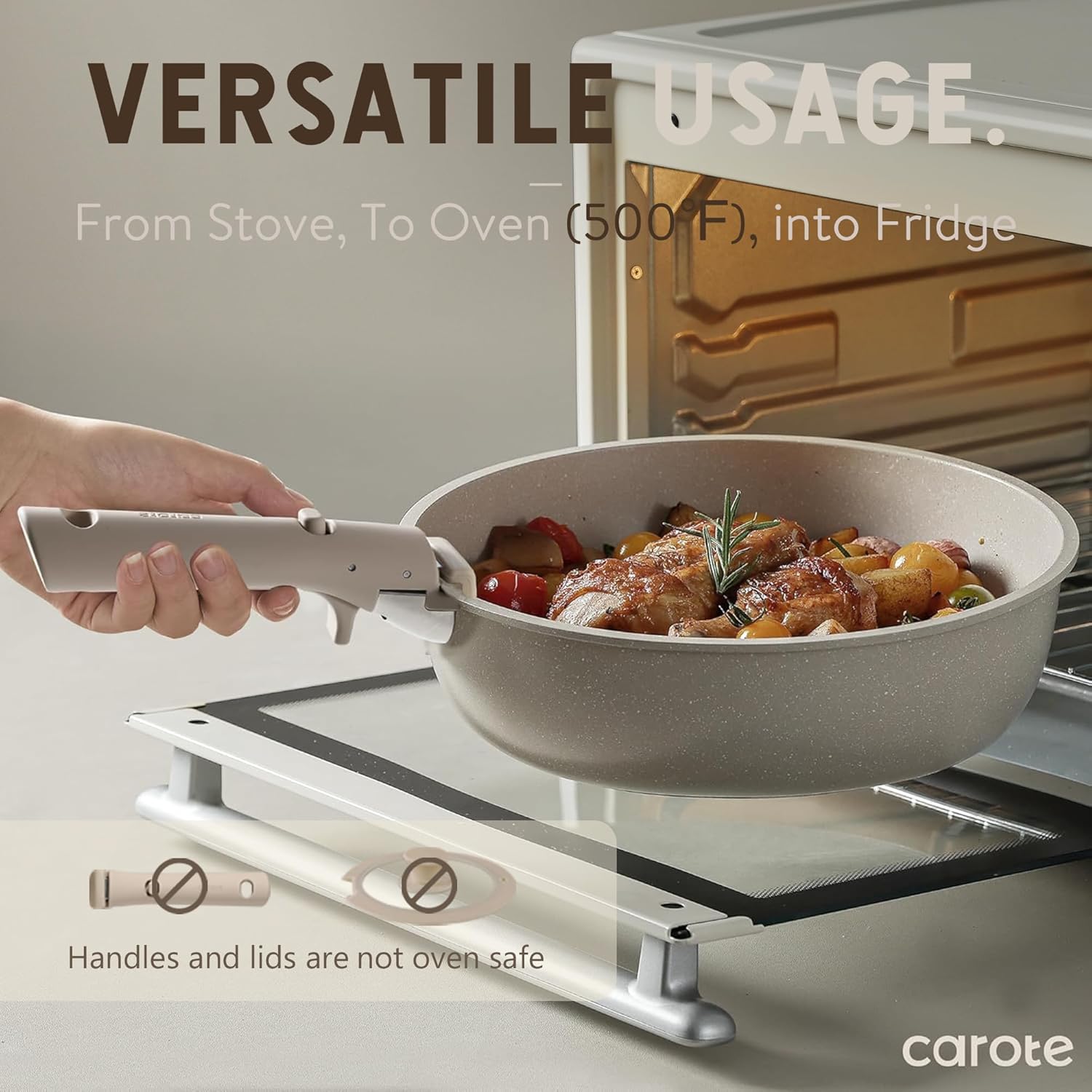 CAROTE 19pcs Pots and Pans Set Non Stick, Nonstick Cookware Set Detachable Handle, Induction Kitchen Cooking Sets with Removable Handle, RV Kitchen, Oven Safe, Taupe