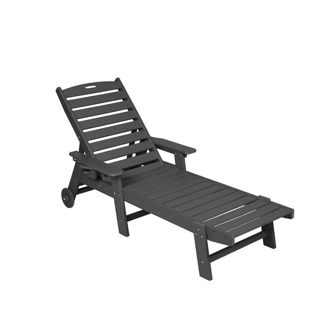 3-Piece Patio Set 2 Oversized Chaise Lounges (5-Position, Wheels, Cup Holder) + Side Table, All-Weather Wood Texture.