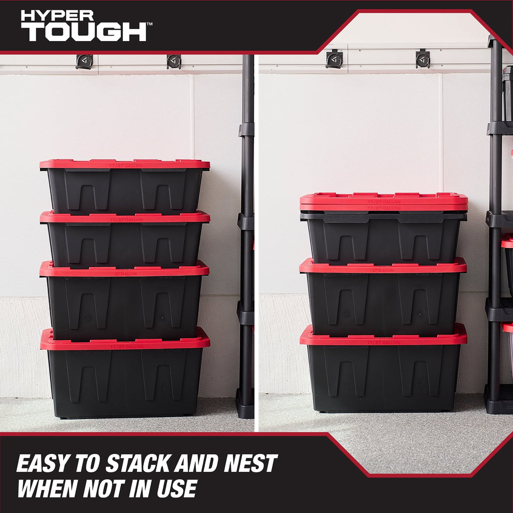 17 Gallon Medium Storage Bin with Snap Lid, Black and Red, Heavy Duty Plastic Storage Container