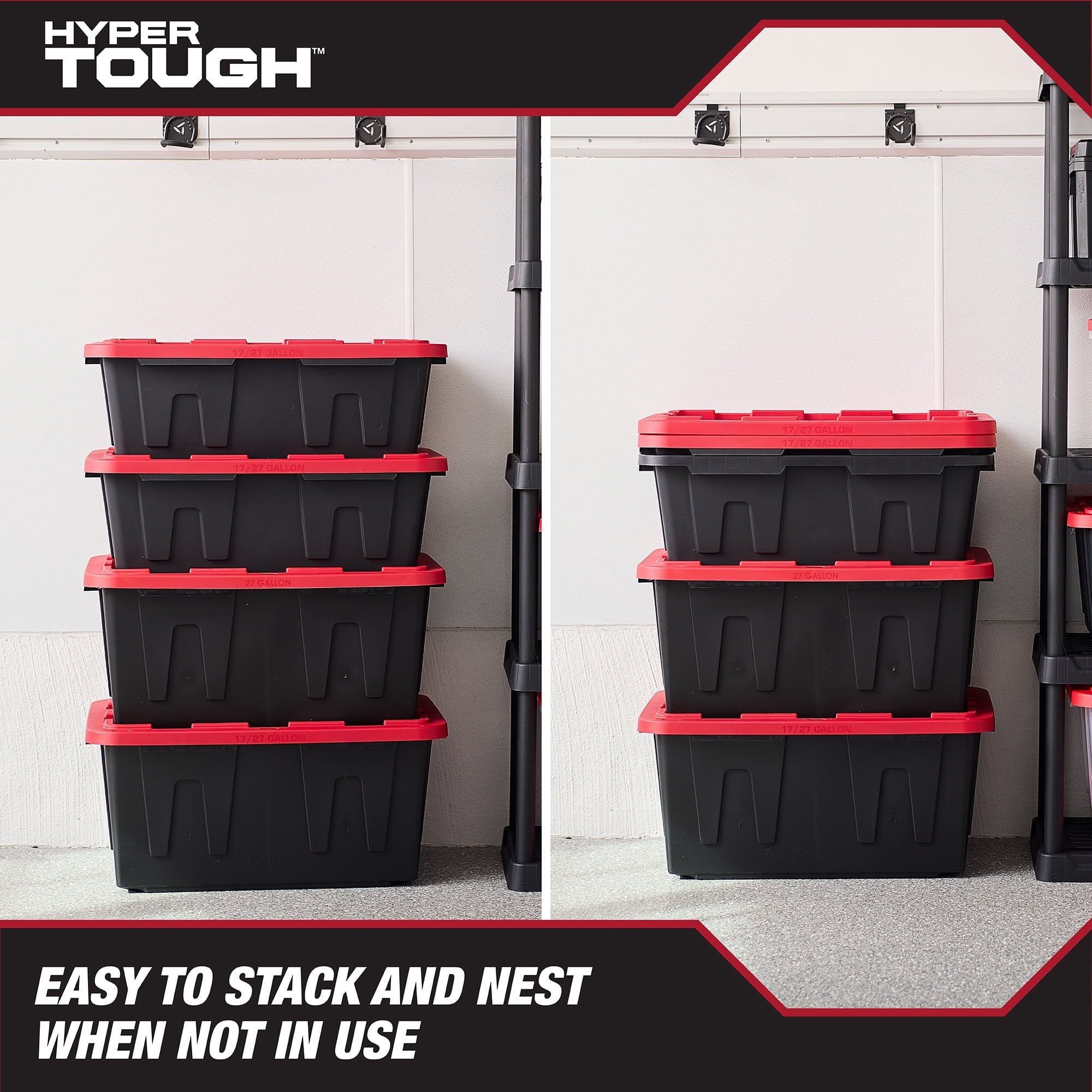 17 Gallon Medium Storage Bin with Snap Lid, Black and Red, Heavy Duty Plastic Storage Container