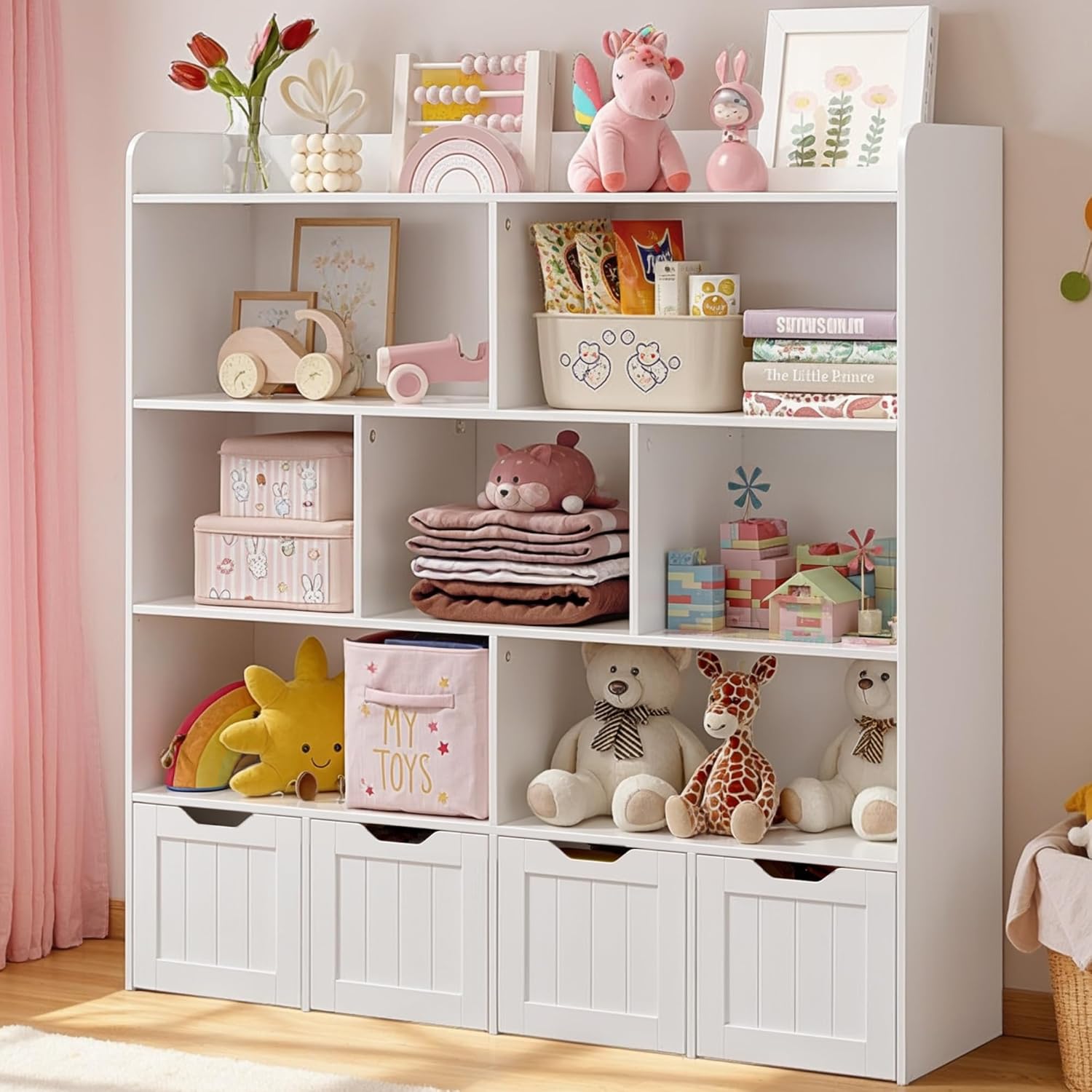 Gizoon Toy Storage Cabinet and Kids Bookcase with 4 Movable Drawers and 8 Open Shelves Toy Chest Shelf Organizer with Hidden Wheels for Playroom Nursery Kids Room, White