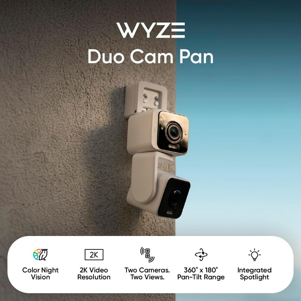 Duo Cam Pan Indoor/Outdoor Smart Security Camera 2K IP65 360° Pan/Tilt with Color Night Vision and Spotlight