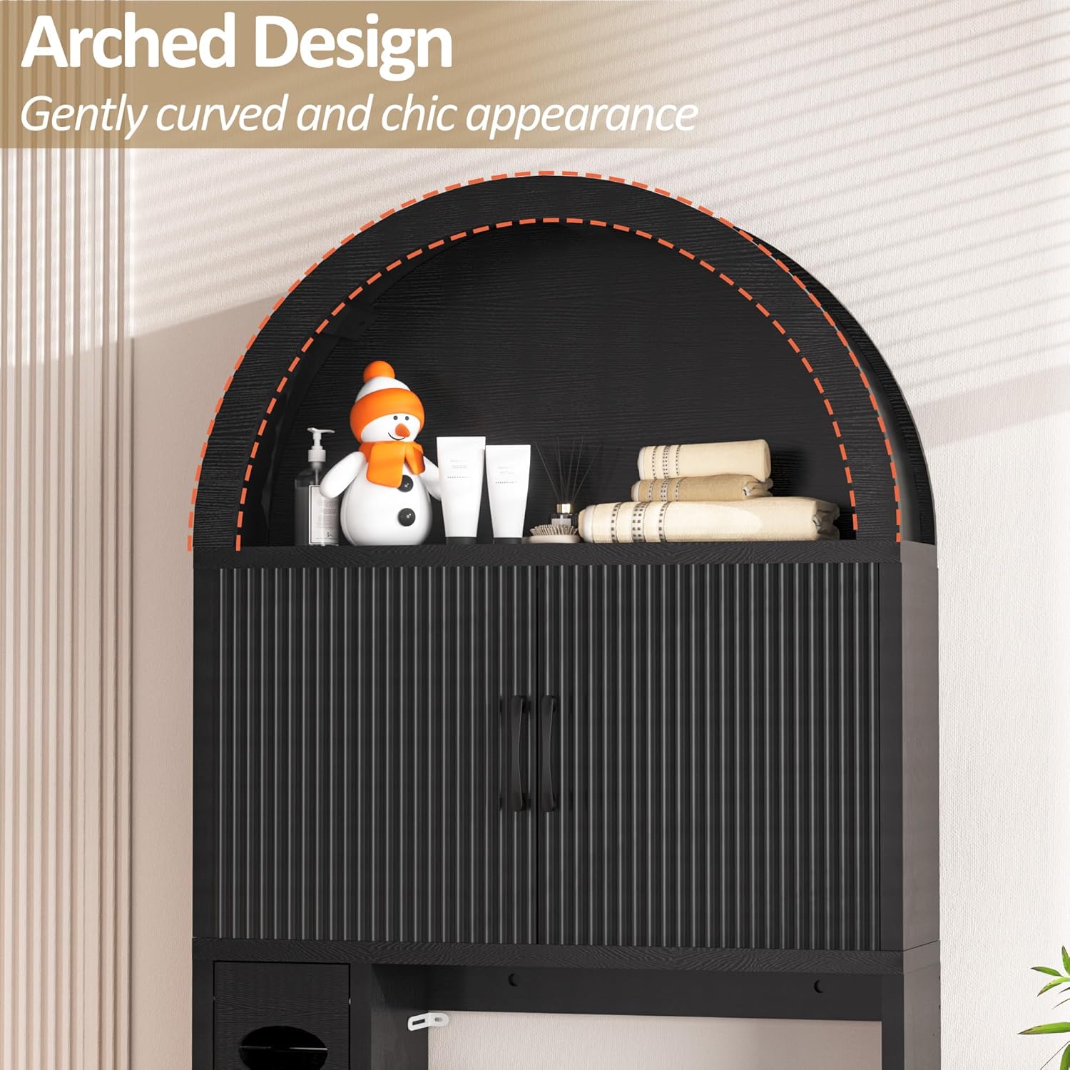 Spurgehom Over The Toilet Storage Cabinet, Bathroom Shelf Organizer Freestanding, Bathroom Arch Cabinet Over Toilet with Toilet Paper Holder and Anti-Tipping Device, Black