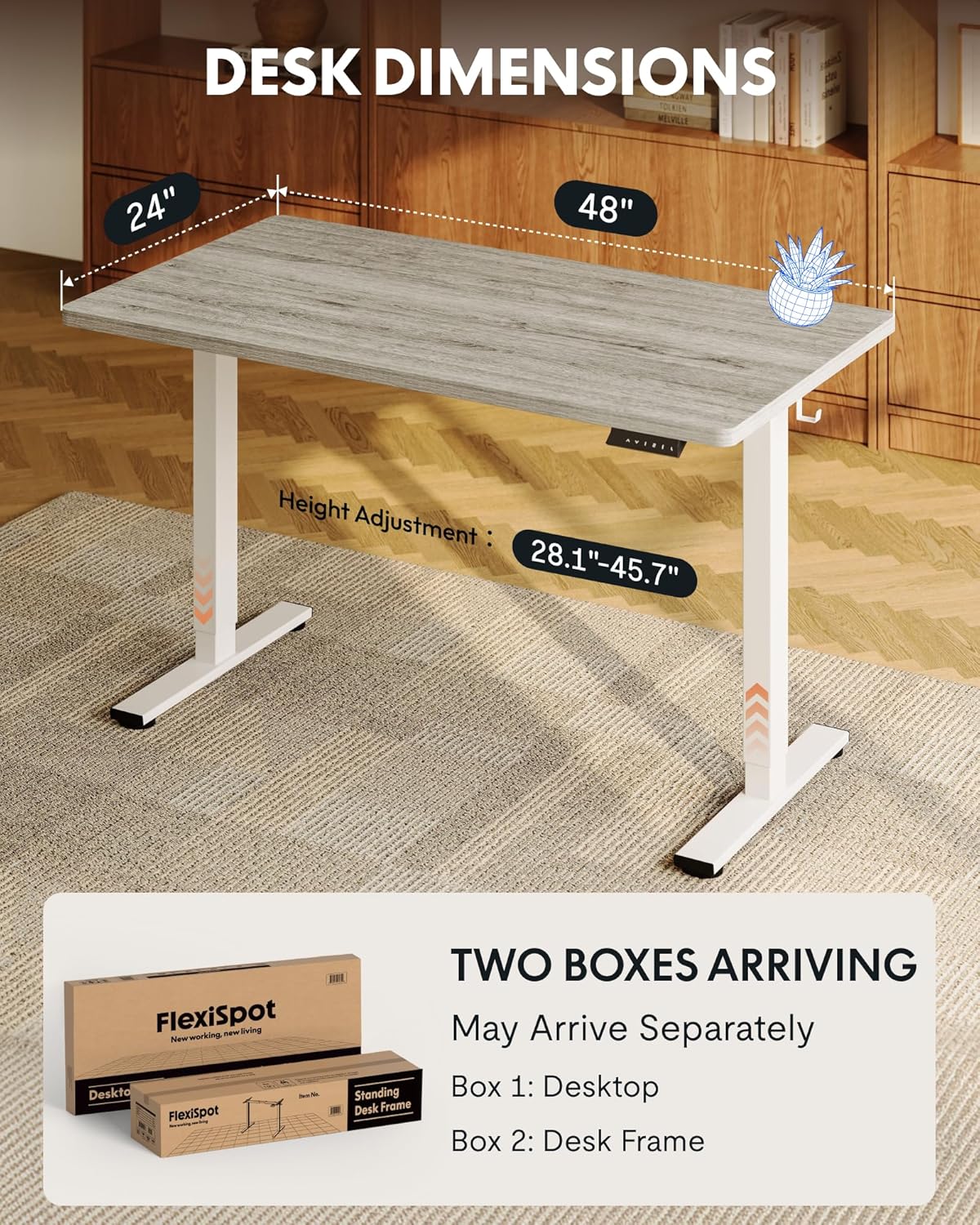 FLEXISPOT EN1 One-Piece Standing Desk with 1-Inch Thick Seamless Desktop, 48"x24" Electric Height Adjustable Desk for Home Office, Multi-Monitor Setups & Easy Assembly, Gray Wood