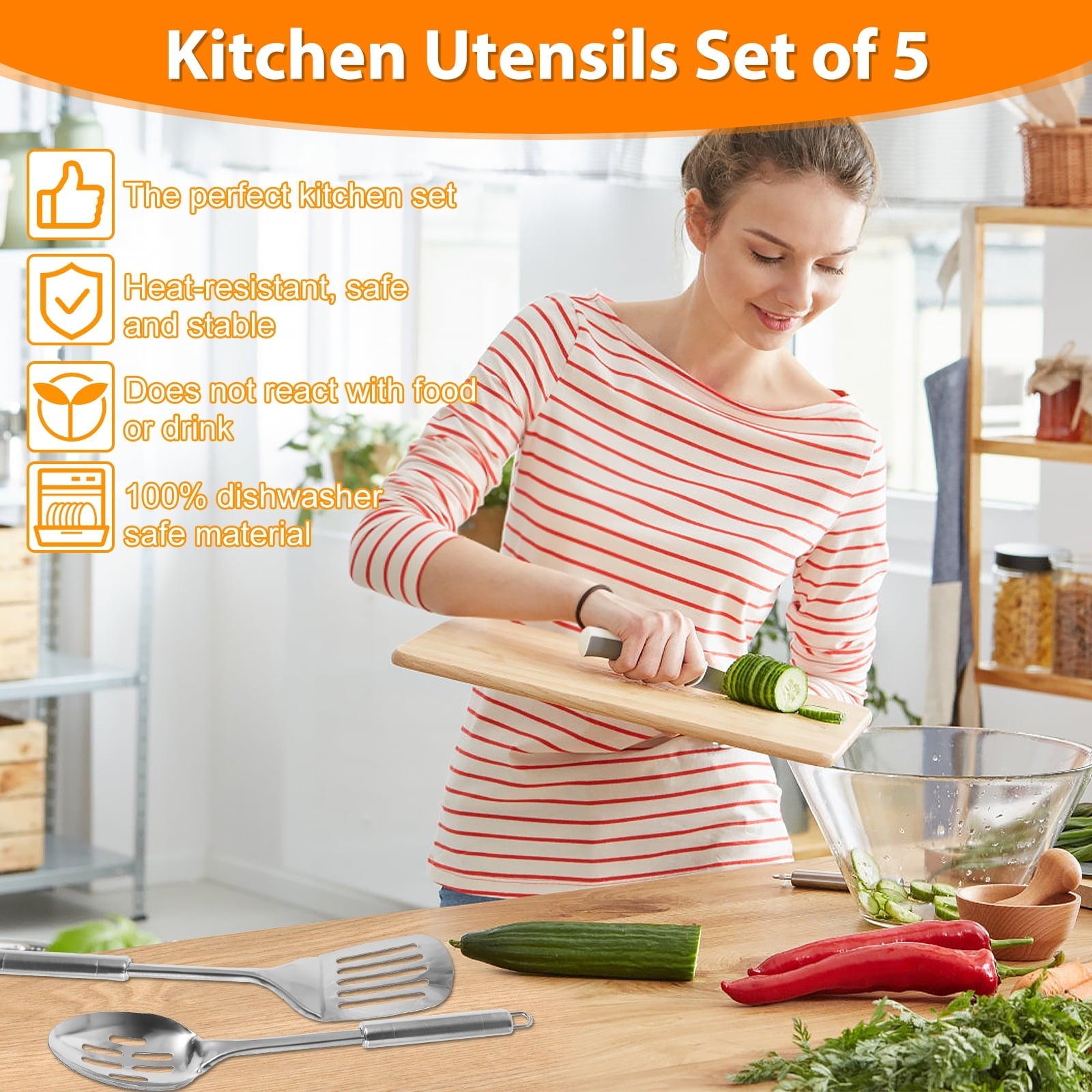 cooking utensils sets 5pcs Metal Stainless Steel Utensil for Cooking Kitchen Cooking Utensils Set Kitchen Gadgets Tools Set Spoons Spatula Sets with Handle Hanging Hole