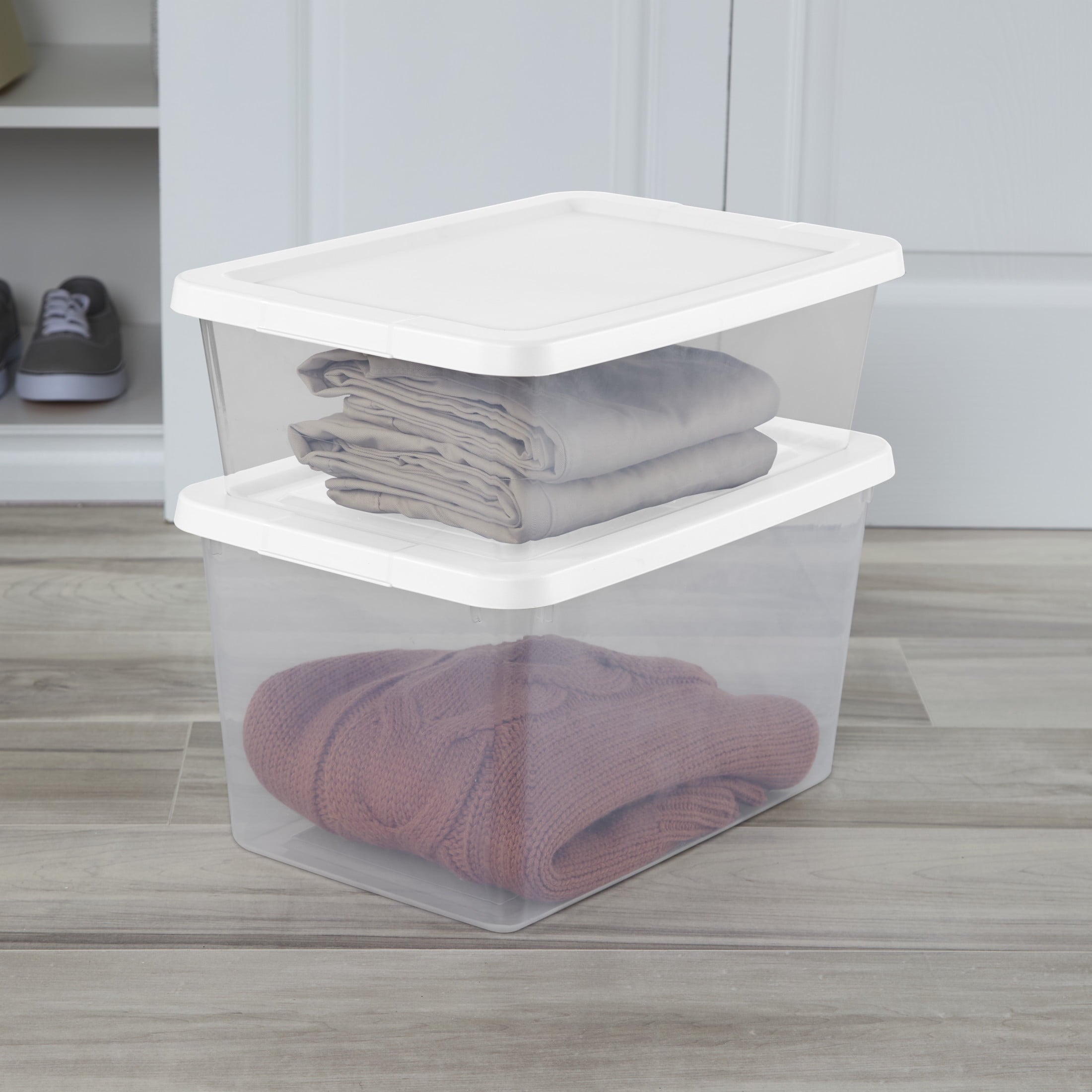 20 Quart Small Storage Bin, Clear Plastic Storage Container with Snap-On Lid, White