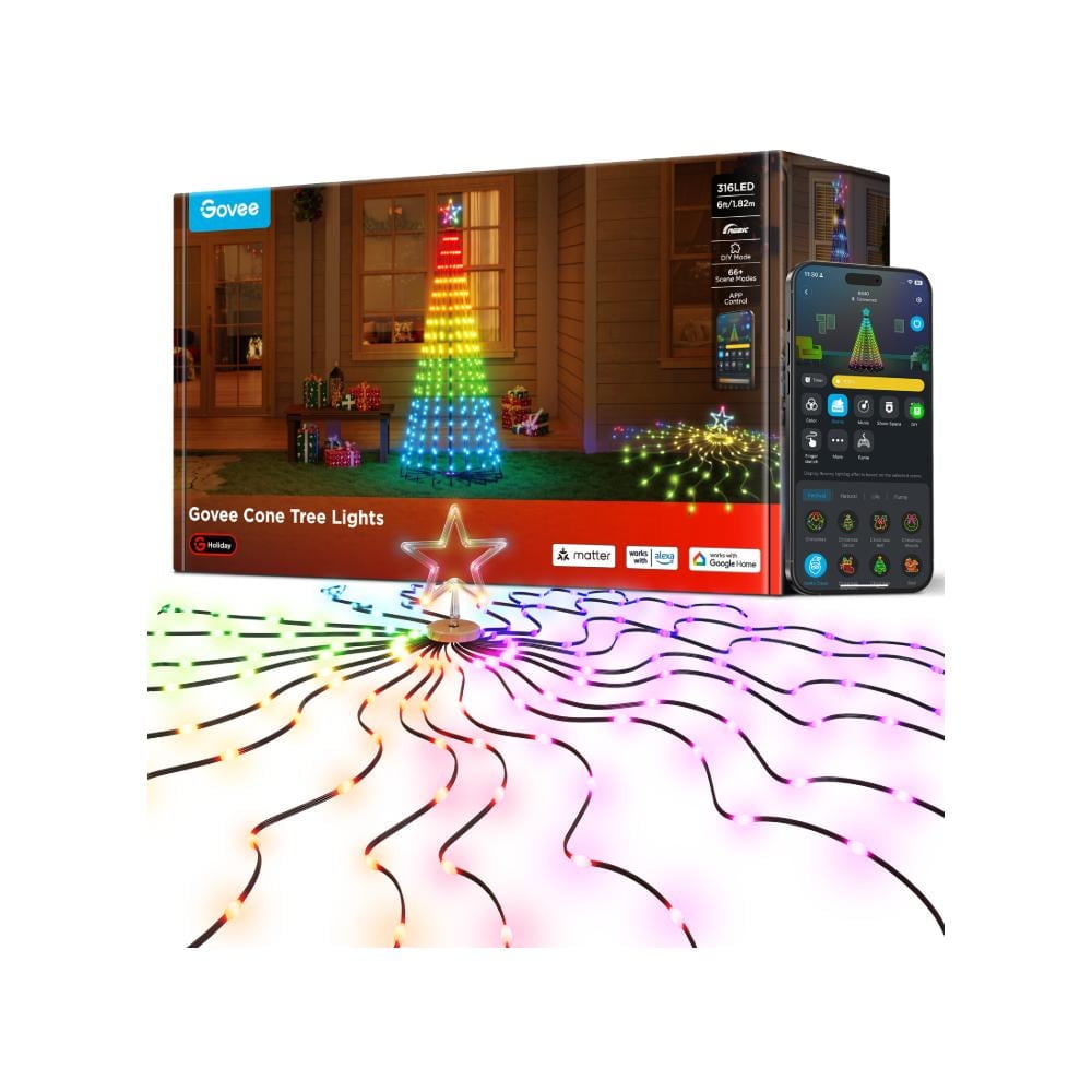 Christmas Cone Tree Lights 6ft with 66 Scene Modes, Black, IP65 Waterproof for Indoor Outdoor Xmas Decor, Remote Control, Dimmable