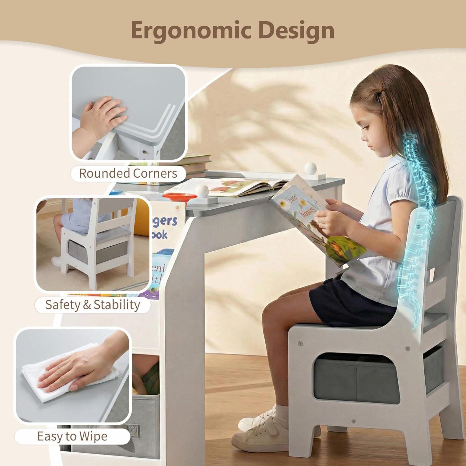 Kinder King Kids Art Table & 2 Chair Set, Wood Toddler Activity Table w/Paper Roll, Bookshelves & Storage Drawers for Kid Drawing, Studying, Playing, Kids Table and Chairs for Playroom, Nursery, Grey