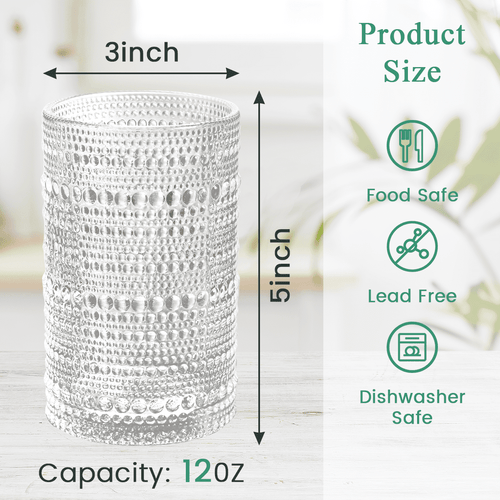 12 oz Vintage Hobnail Drinking Glasses ,Hobnail Glass Cups Set of 6, Embossed Water Tumbler, Cups for Kitchen, Beaded Glassware, Highball Glasses for Whiskey, Juice, Water, Beer