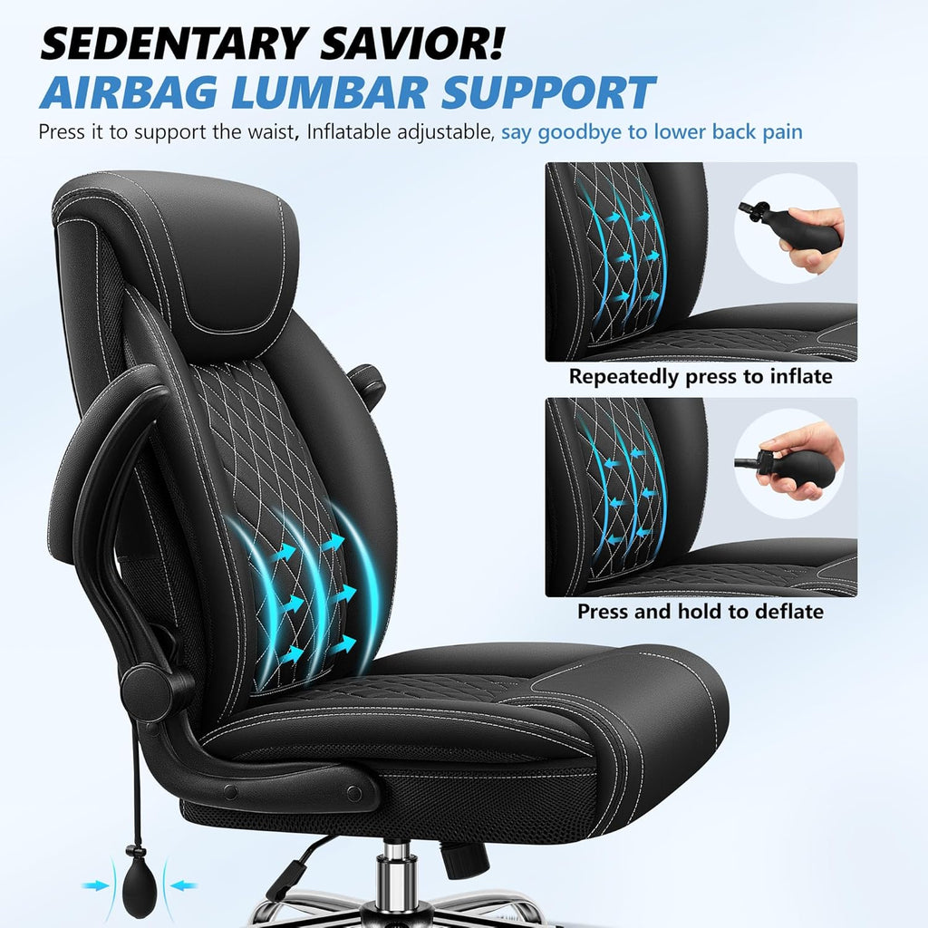 Office Chair, Big and Tall Ergonomic Desk Chair, Executive Leather Computer Chair with Adjustable Lumbar Support, Comfy Gaming Chair with Flip Up Arms, Swivel PC Chair with Rocking Function, Black