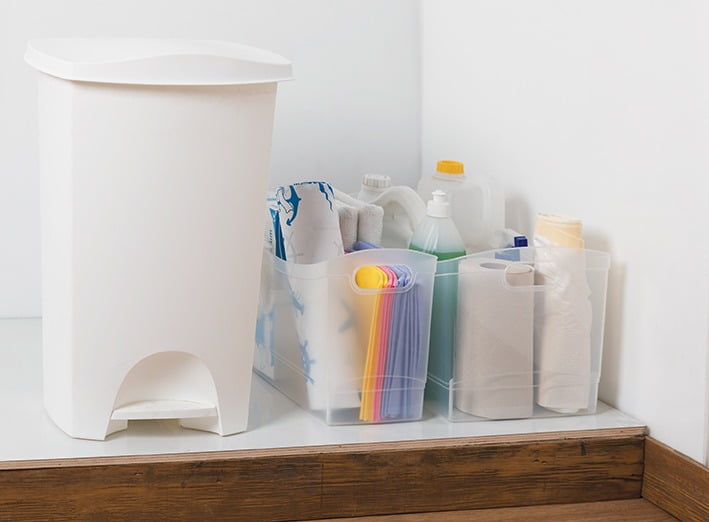 12 Qt Clear Plastic Storage Bin Organizer with Carrying Handles, Narrow Rectangular Utility Container for Pantry, Closet, Cabinet and Shelf Storage