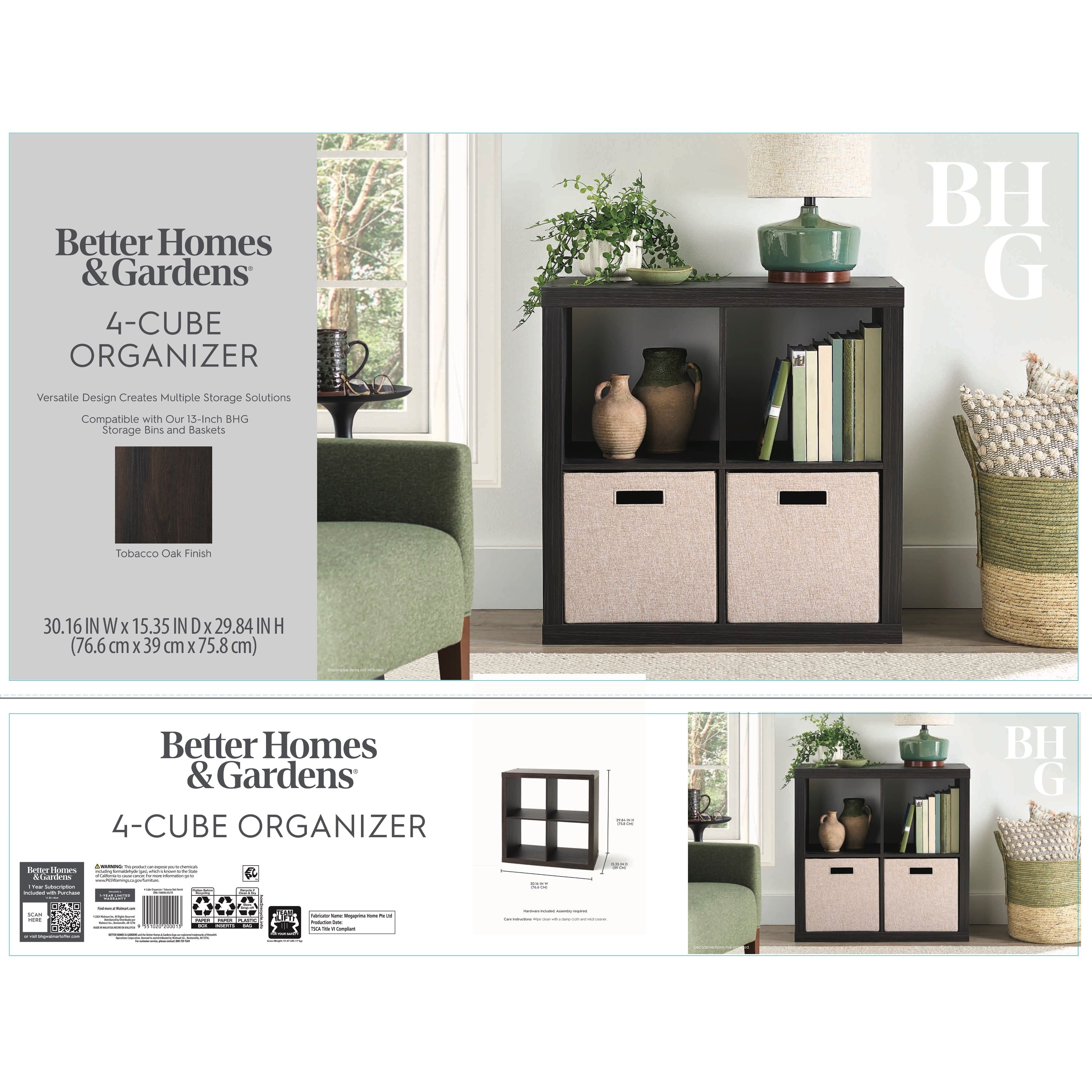 Better Homes & Gardens 4 Cube Storage Organizer, White Texture