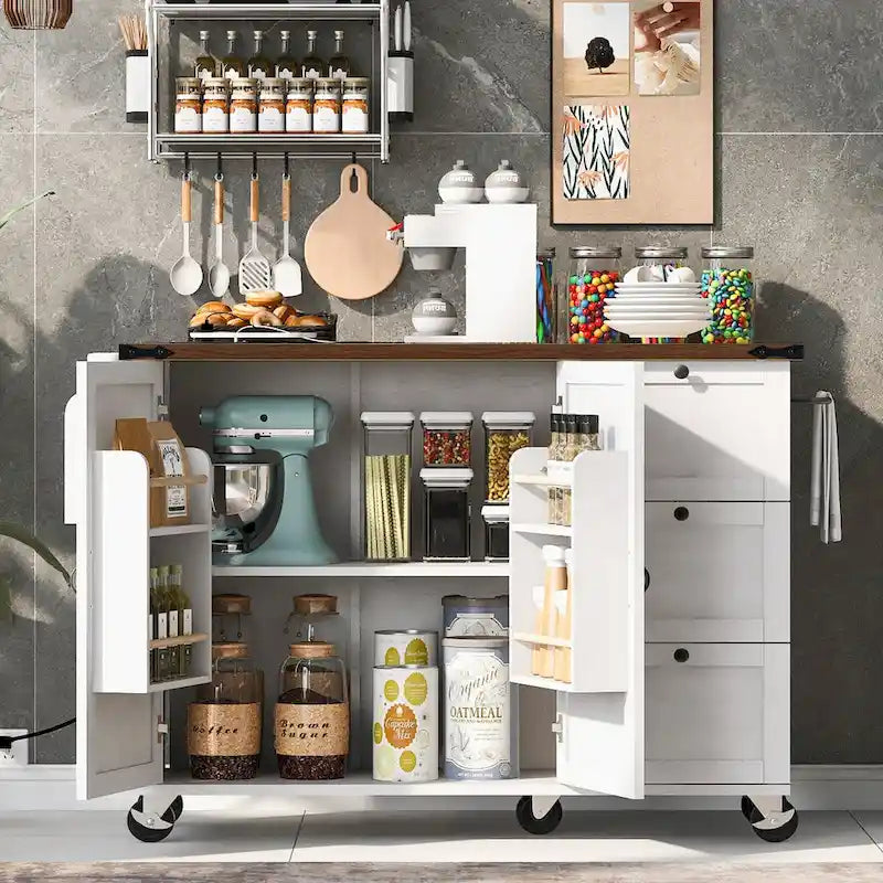 54.5 Farmhouse Kitchen Island with Power Outlet, Internal Storage Rack, Drop-Leaf Tabletop, Spice Rack, Rolling Cart On Wheels