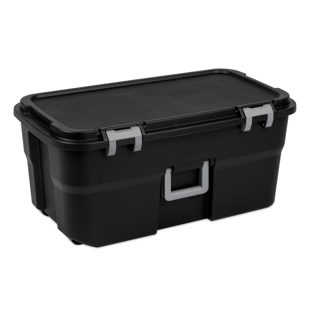 22 Gallon Large Wheeled Footlocker, Heavy Duty Plastic Storage Trunk Container, Lockable with Wheels and Handle, Black