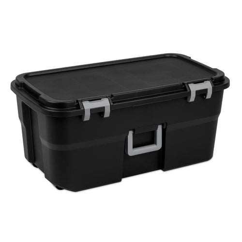 22 Gallon Large Wheeled Footlocker, Heavy Duty Plastic Storage Trunk Container, Lockable with Wheels and Handle, Black