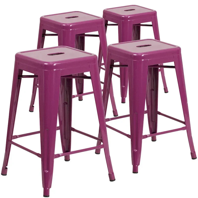 4 Pack 24H Backless Metal Indoor-Outdoor Counter Height Stool w/Square Seat