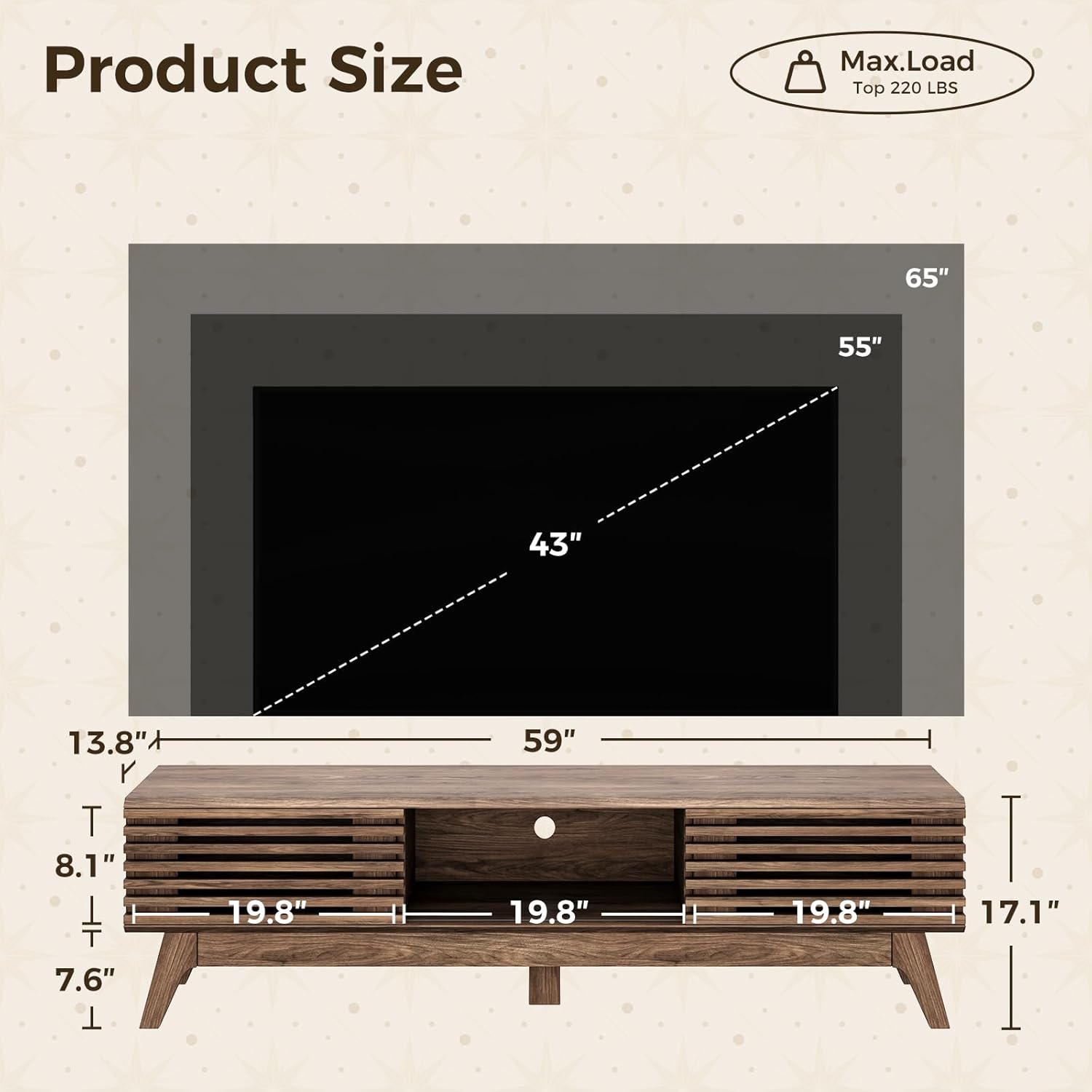 AODK 59" TV Stand for 55"/60"/65" TVs, Mid-Century Modern Fluted Entertainment Center with Sliding Doors, Storage Cabinets & Media Console Table, Living Room & Bedroom, Walnut
