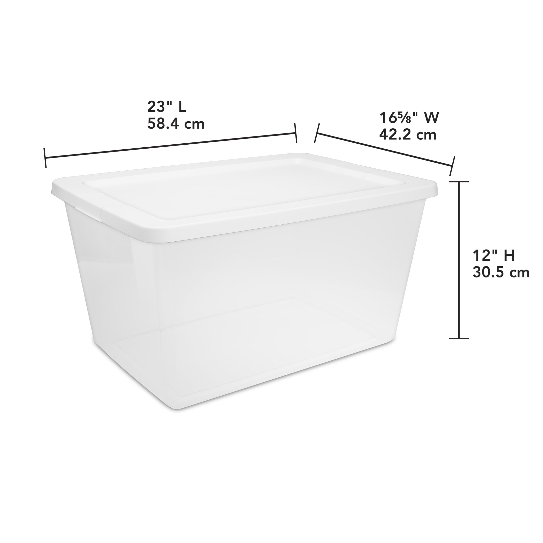 58 Quart Medium Storage Bin, Clear Plastic Storage Container with Snap-On Lid, White