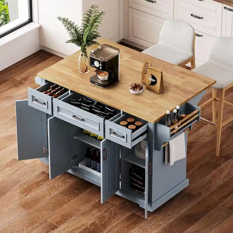 54 Large Kitchen Island with Rubber Wood Drop Leaf, Embossed Texture Rolling Kitchen Cart on 4 Wheels with 4 Doors & 3 Drawers