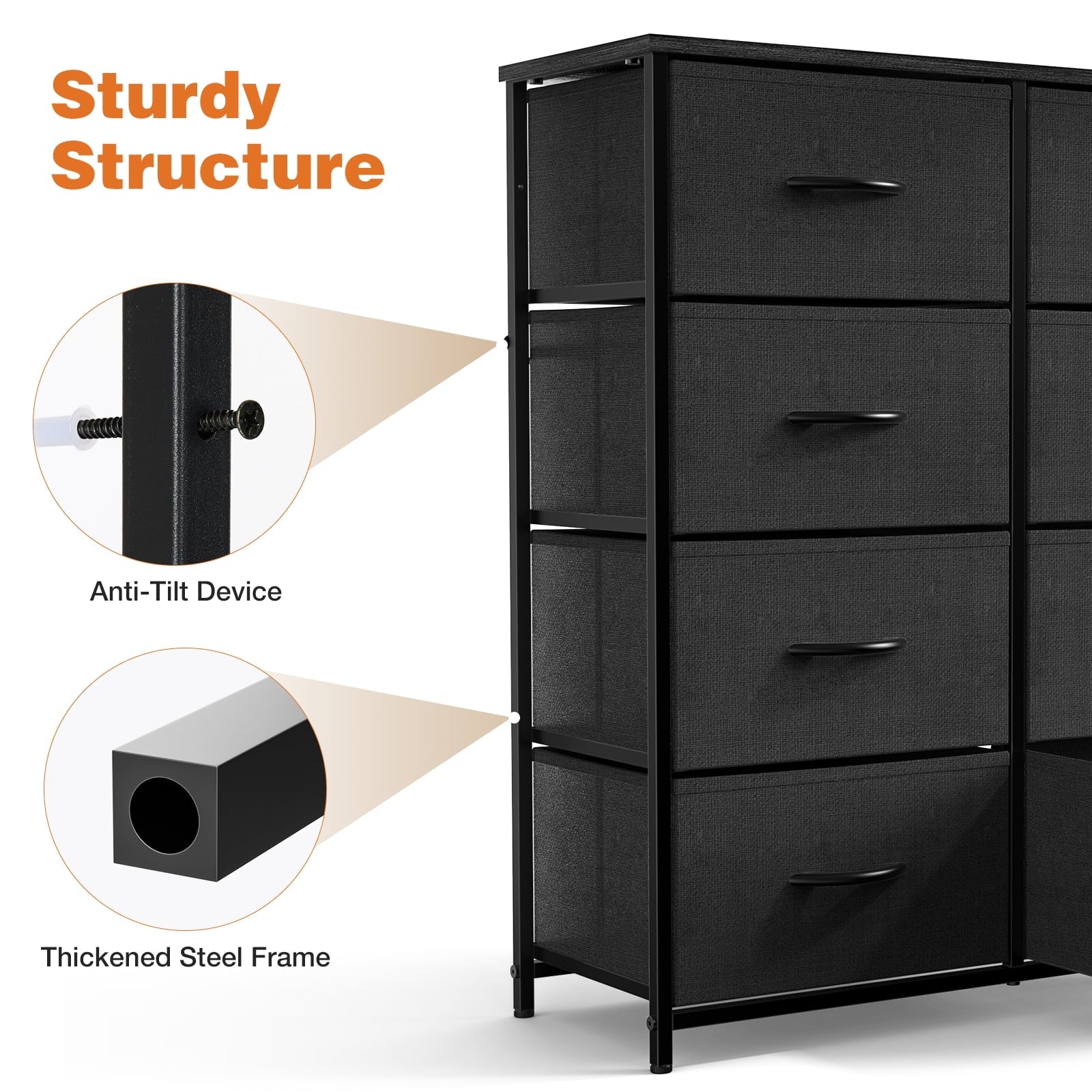8-Drawer Fabric Dresser Storage Chest for Bedroom, Closet, Entryway, Storage Furniture for Adults, Black