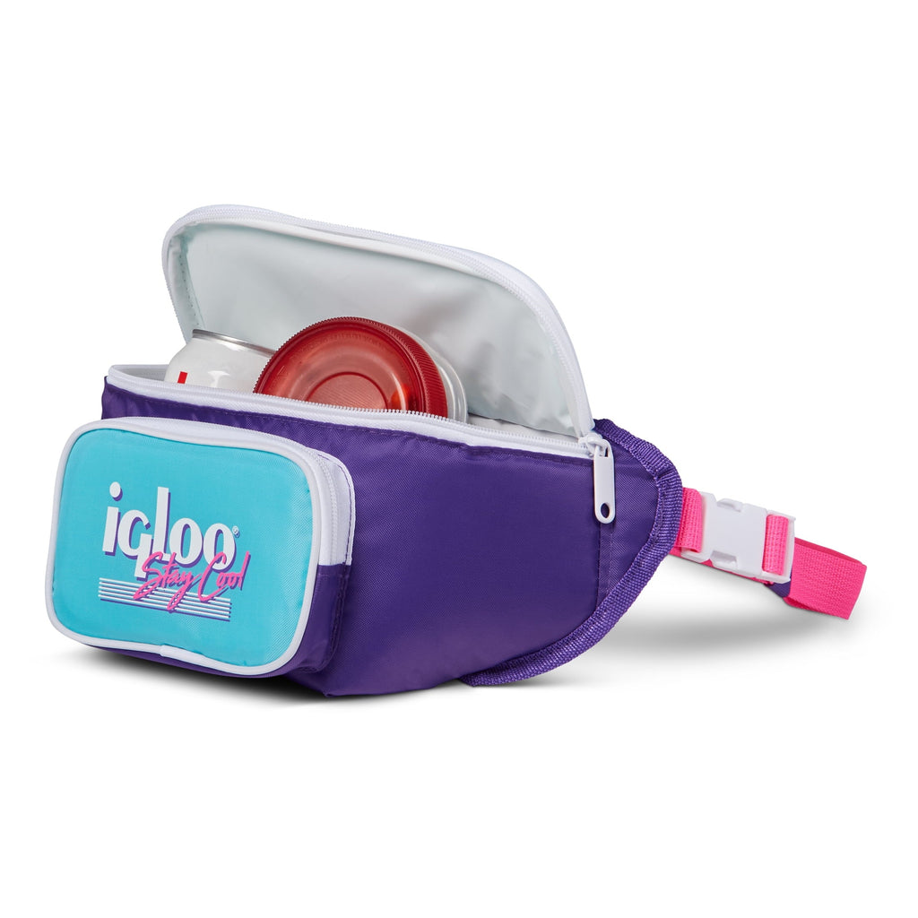3 can Retro Fanny Pack Cooler Bag, Purple and Aqua Blue
