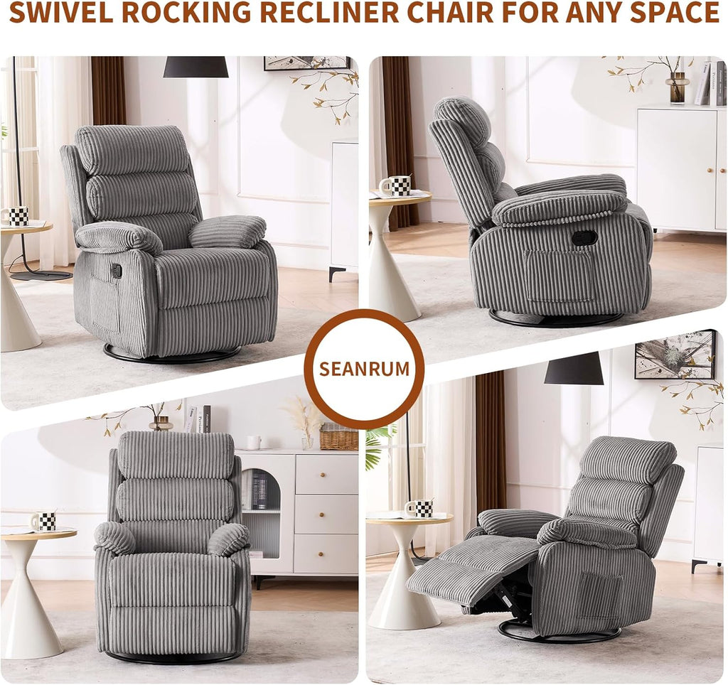 Plush Premium Velvet 360° Swivel Rocker Recliner Chair - High Back Glider with Generous Footrest, Supportive Armrests & Side Pocket for Nursery, Living Room & Small Spaces Grey
