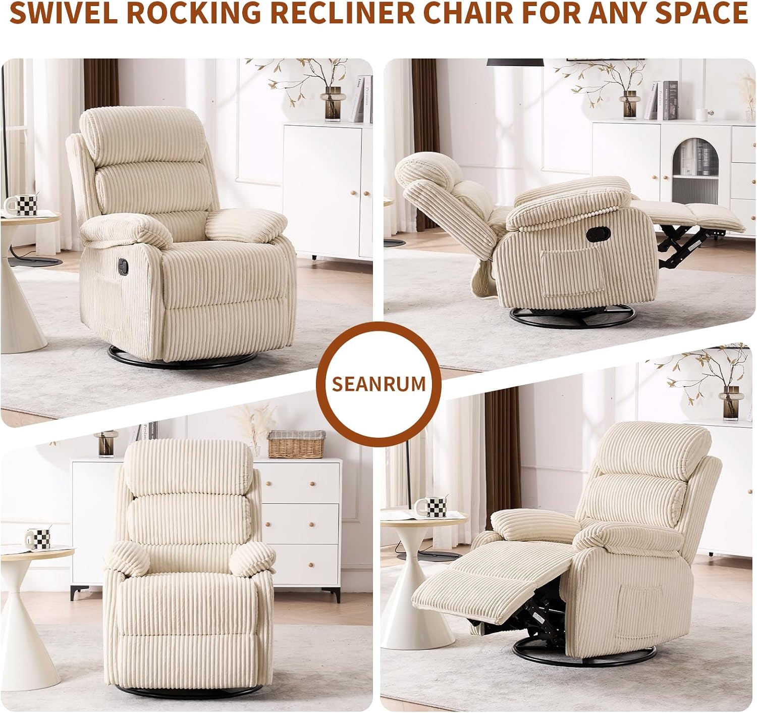 Adult 360° Rocking Recliner ChairNursery Rocker Reclining Chair with Side Pocket, a Comfy upholstered Single Sofa Armchair. Suitable for Living Room, Bedroom Nursing use, Velvet Fabric in Beige