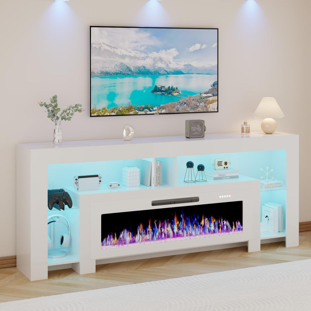 LEMBERI 80 inch Fireplace tv Stand with 50 inch Fireplace Up to 90" TVs,LED Light Entertainment Center and Storage, Modern Wood Media TV Console for Living Room