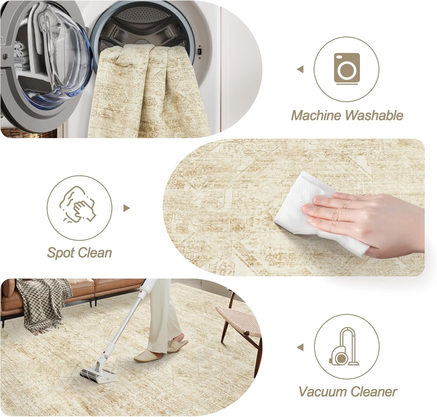 Soalmost Washable Area Rug 9x12, Large Soft Rugs for Living Room Vintage Beige Rug 9x12 Area Rugs for Bedroom Dining Room Floral Non-Slip Thin Rug