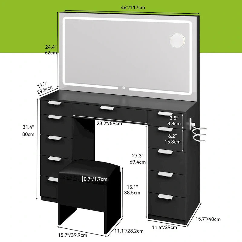 Moasis 46 Vanity With Built-in Socket With Illuminated Mirror and Hair Dryer Rack - 55.8 H X 46 W X 11.7 D