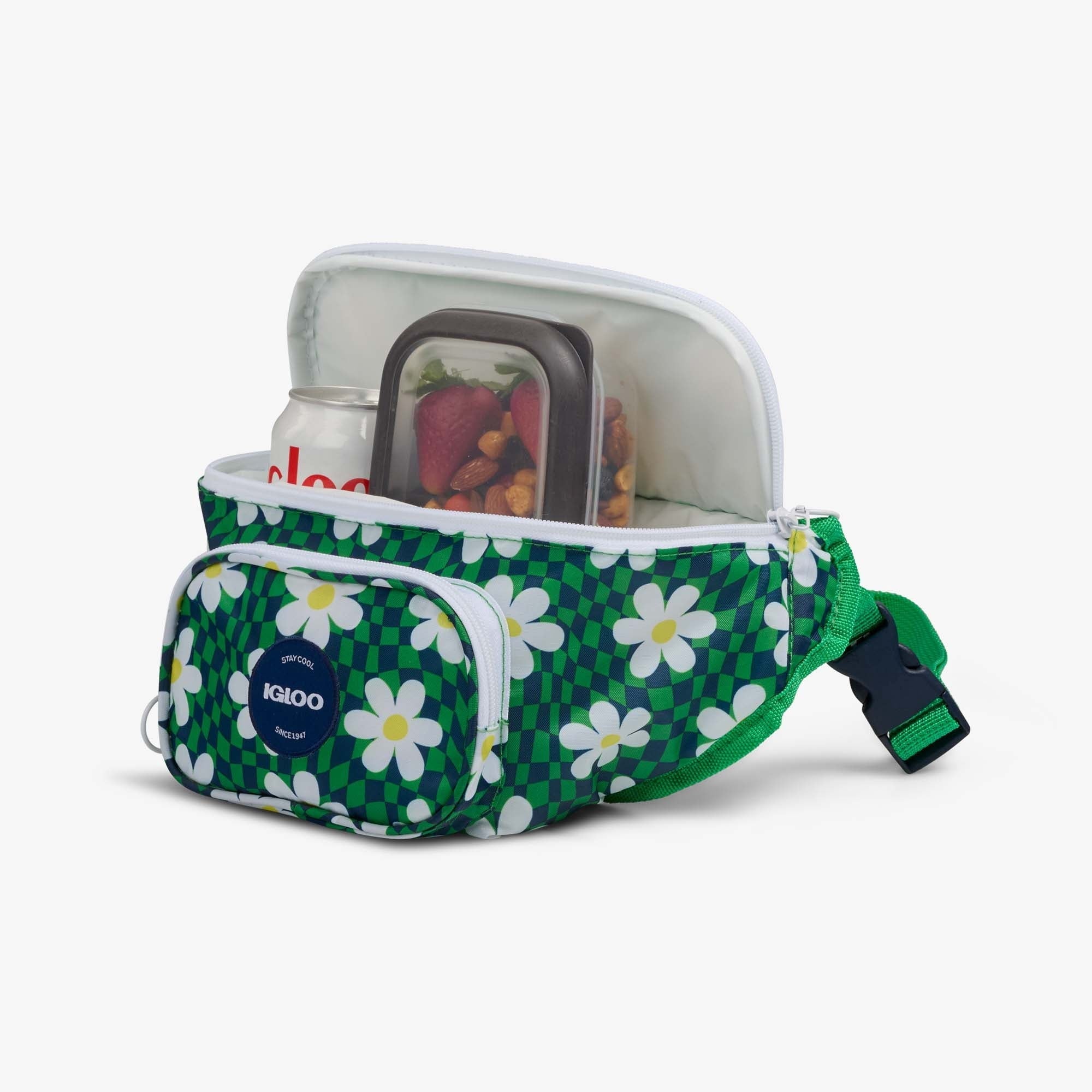 3 can Retro Fanny Pack Cooler Bag, Purple and Aqua Blue