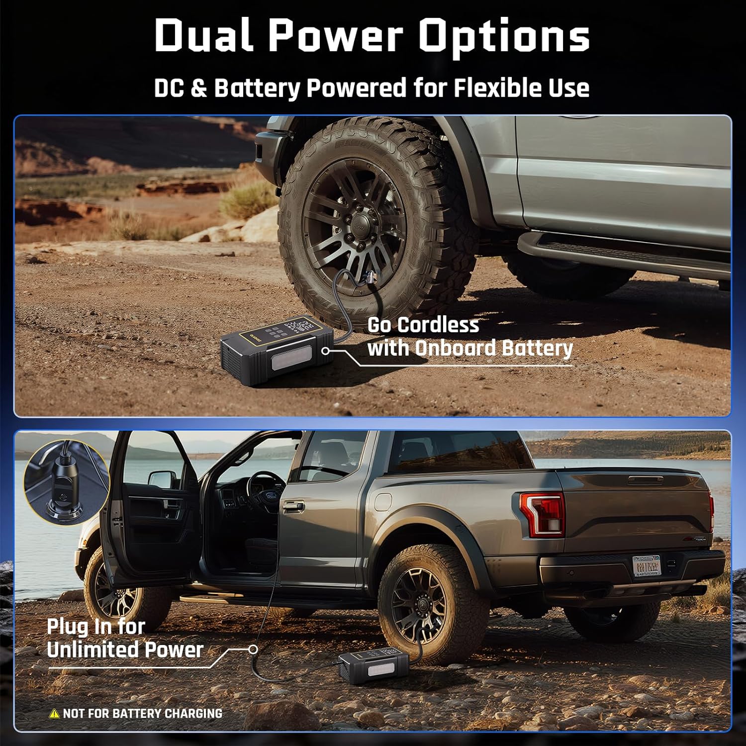 OlarHike Powerful 12000mAh Heavy Duty Tire Inflator Portable Air Compressor, 7X Faster, 150PSI Dual Power 12V&Cordless Air Pump for Car Tires, Pickup Trucks, Jeeps, SUVs & RVs. Digital Pressure Gauge