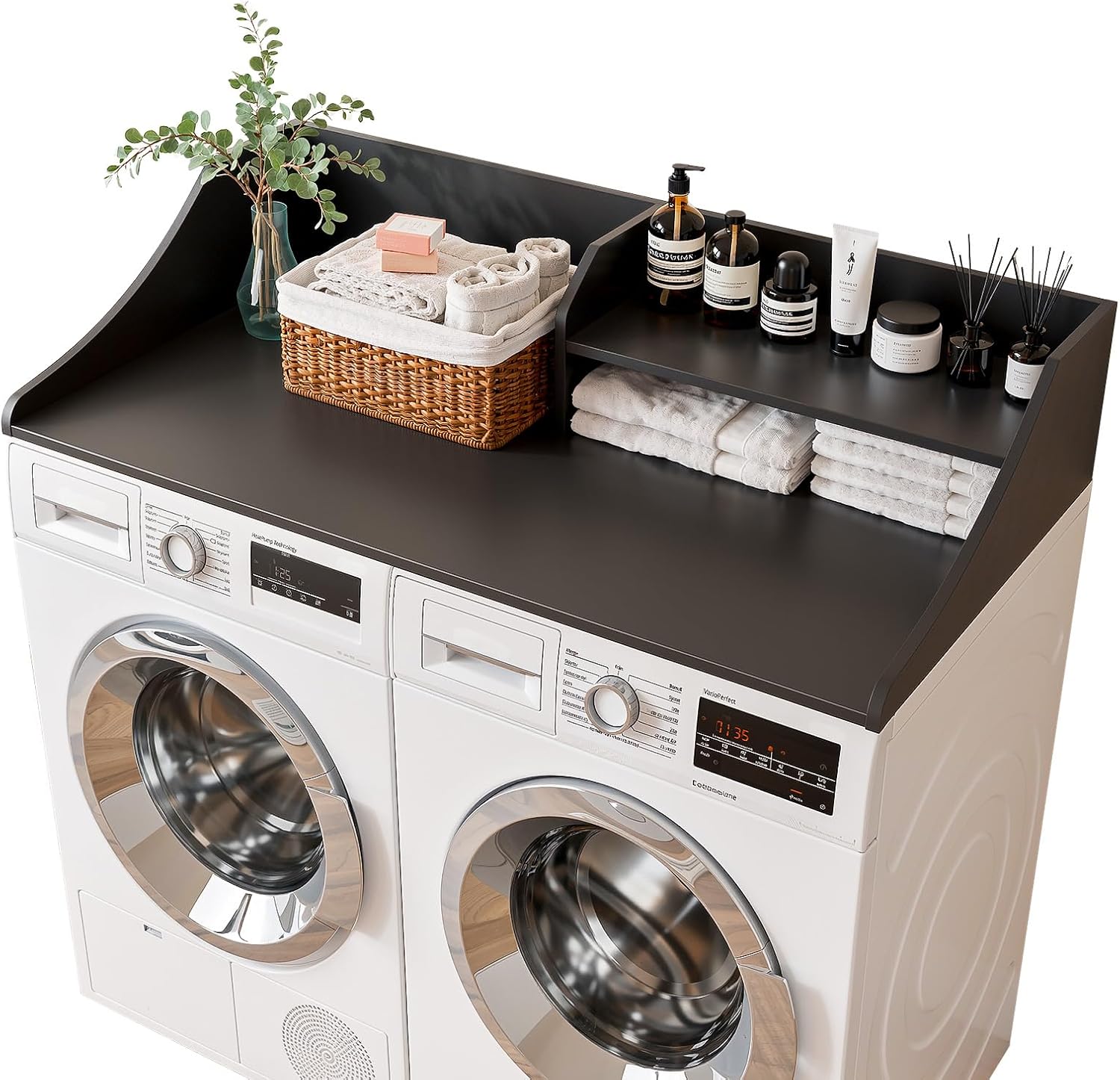 Memobarco 2 Tiers Washer Dryer Countertop, 54" Width x 27.5" Depth Laundry Countertop Organization, Wooden Washer and Dryer Topper for Folding, Sorting & Ironing, Easy to Install, Black