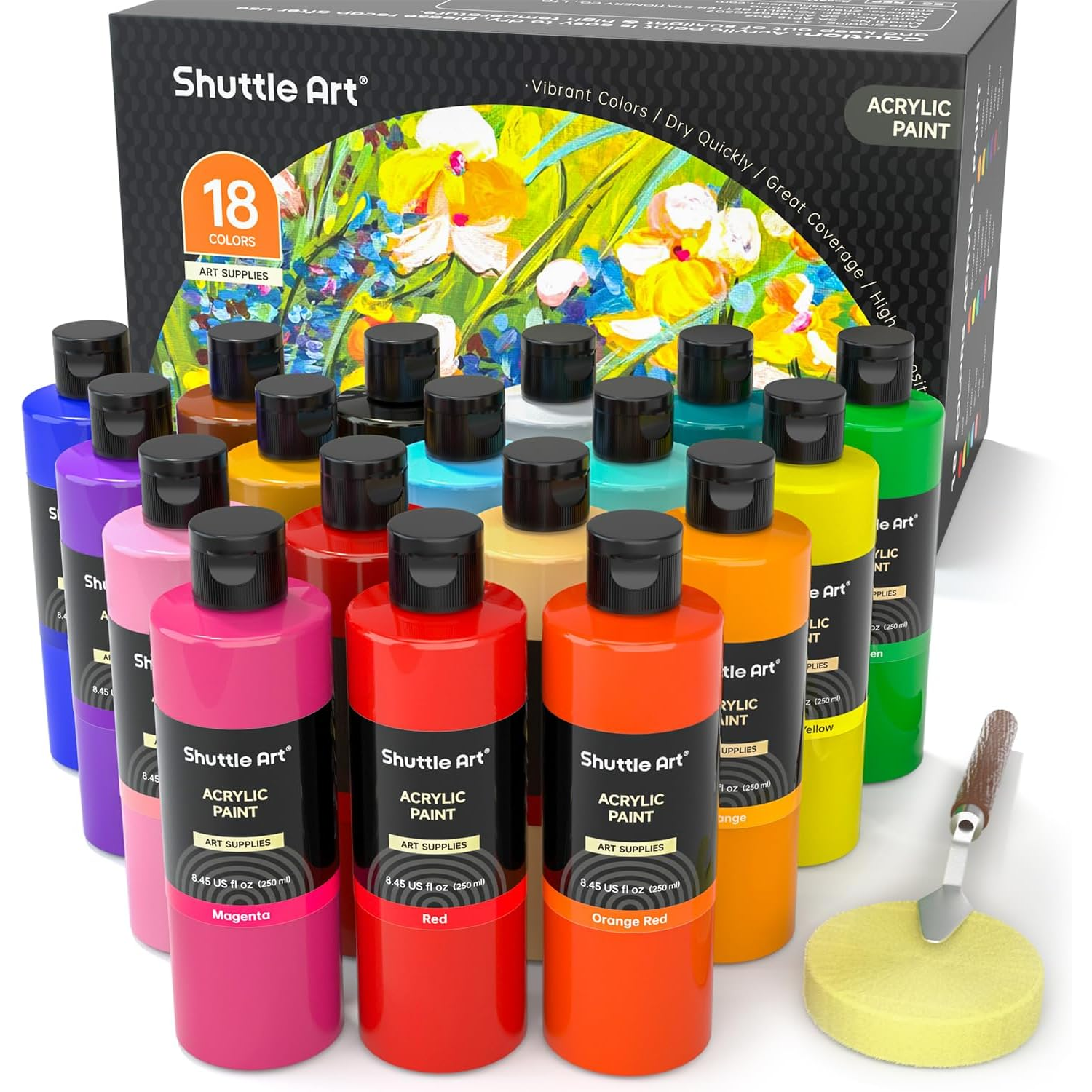 18 Colors Acrylic Paint Bottle Set (250ml/8.45oz), Rich Pigmented Bulk Painting Supplies for Artists, Beg...