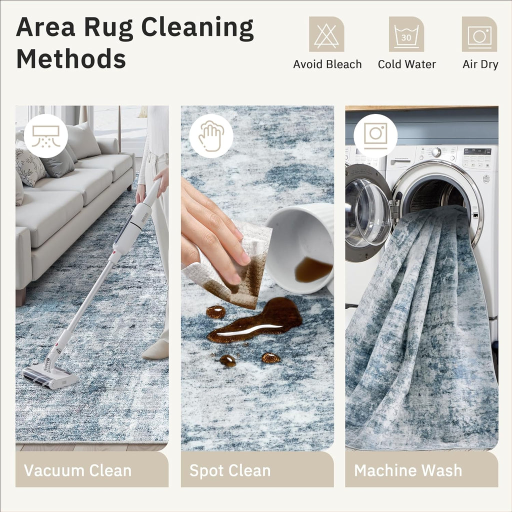 Soalmost 9x12 Area Rugs for Living Room, Abstract Non Slip Machine Washable Vintage Rugs, Low Pile Lightweight Large Rug for Bedroom, Dining Room, Home Office Blue