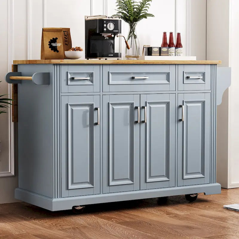 54 Large Kitchen Island with Rubber Wood Drop Leaf, Embossed Texture Rolling Kitchen Cart on 4 Wheels with 4 Doors & 3 Drawers