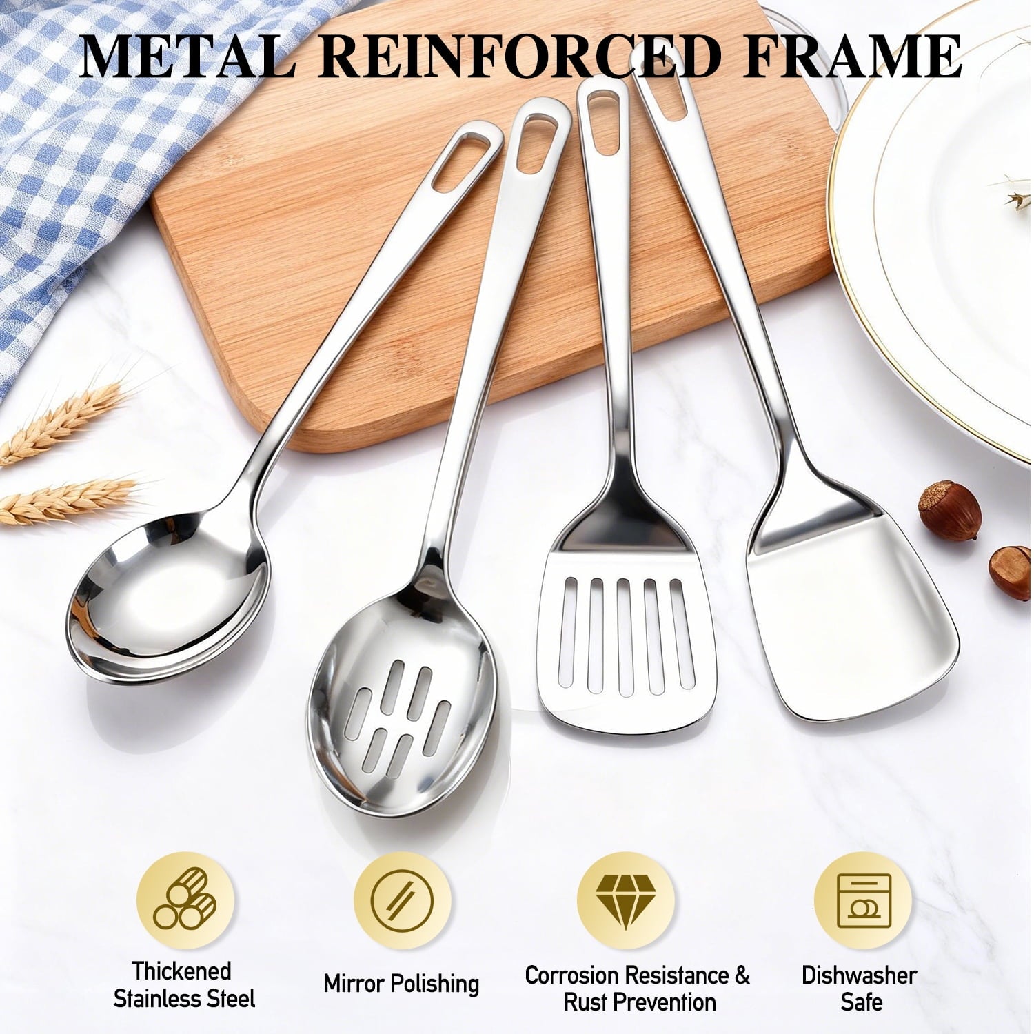 4 Pcs Cooking Utensils Set, Stainless Steel Kitchen Utensils, Kitchen Tools Set Include Solid & Slotted Turner Wok Spatula, Serving Spoon, Home Essentials Kitchen Gadgets Accessories
