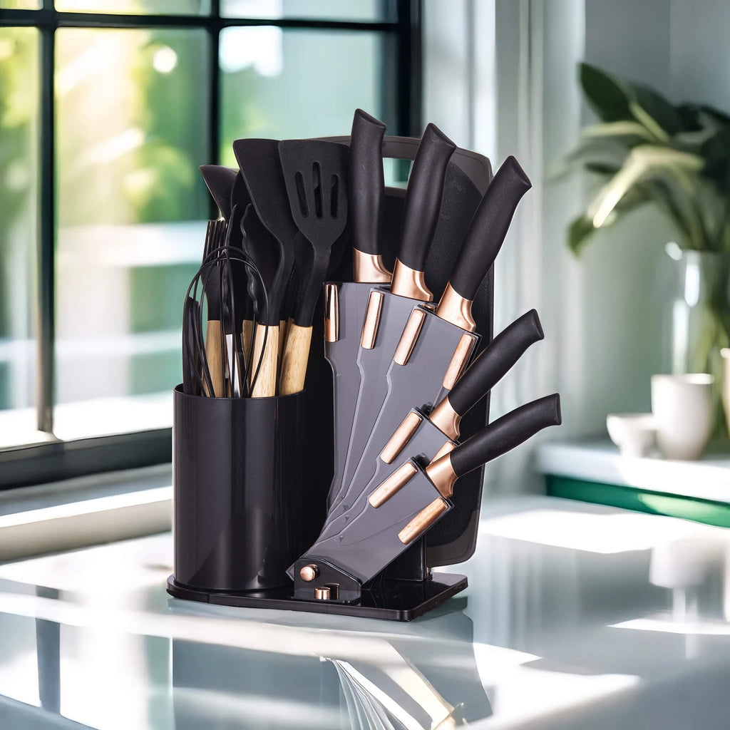 19-Piece Silicone Kitchen Utensil & Knife Set - Heat-Resistant Cooking Tools Non-Stick Safe Gift for Mom or Women Black