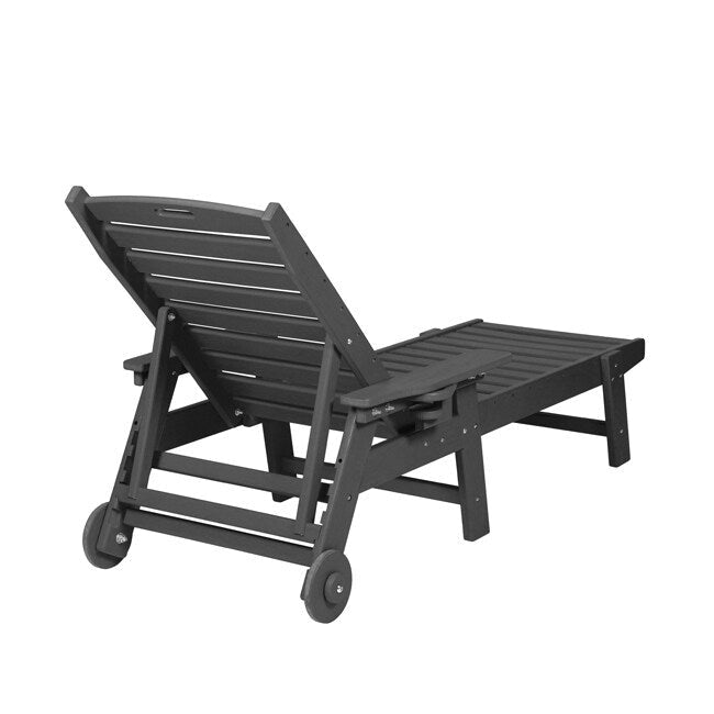 3-Piece Patio Set 2 Oversized Chaise Lounges (5-Position, Wheels, Cup Holder) + Side Table, All-Weather Wood Texture.