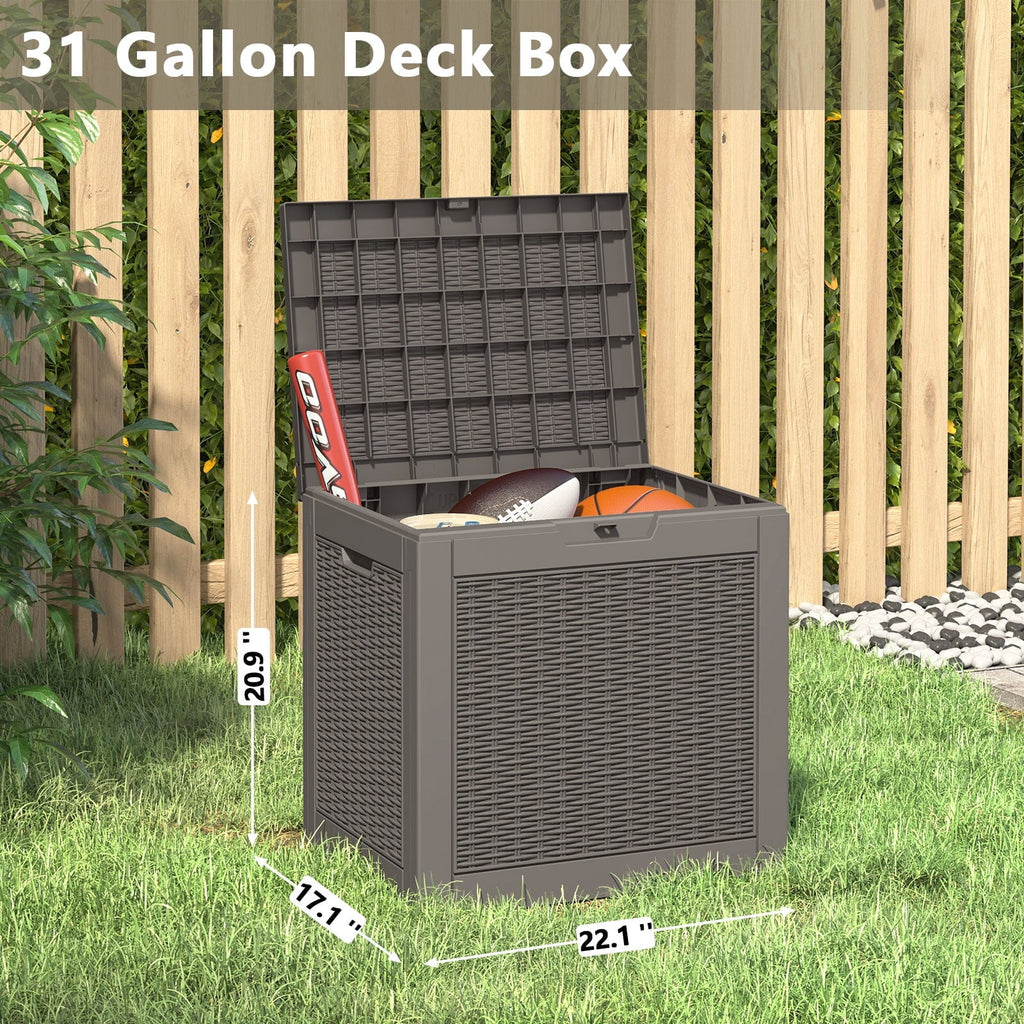 31 Gallon Deck Box, Resin Outdoor Storage Box, and Storage Deck Box for Garden Tools, Supplies, Toys